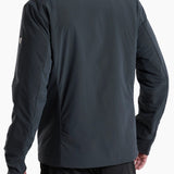 Person wearing a dark gray jacket on a white background