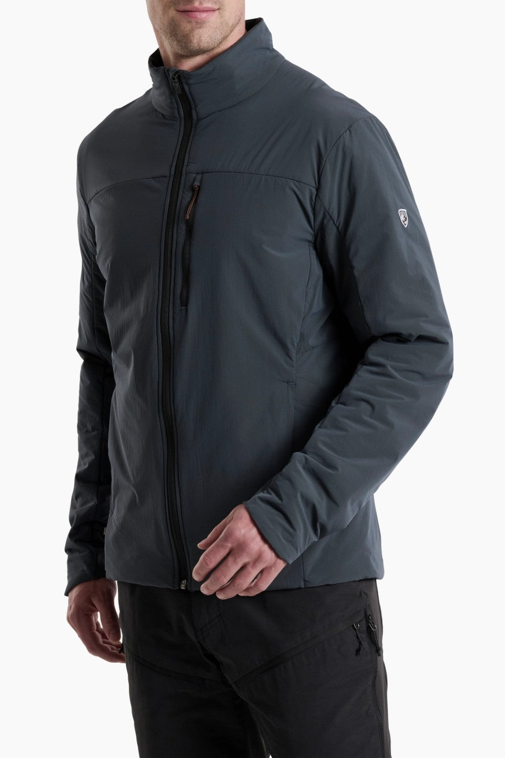 Man wearing a dark gray jacket on a white background