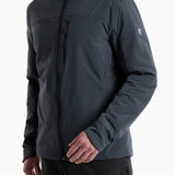 Man wearing a dark gray jacket on a white background