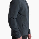 Person wearing a dark gray softshell jacket on a white background