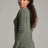 A woman with long curly brown hair is shown from a side-back angle wearing a heathered sage green long-sleeve knit sweater and dark gray jeans against a plain light gray studio background.
