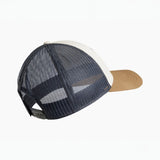 Trucker hat with mesh back and cork brim on a white background