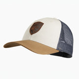 Cap with beige brim, white front panel, and blue mesh back on a white background