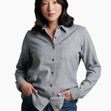 Featuring our double-brushed, ultra-soft flannel and a relaxed, feminine fit, the WHISPER delivers everyday comfort and warmth to any occasion. A dropped shirttail hemline and an oversized chest pocket provide an effortless, casual look that adapts to work or play, indoors or out.
