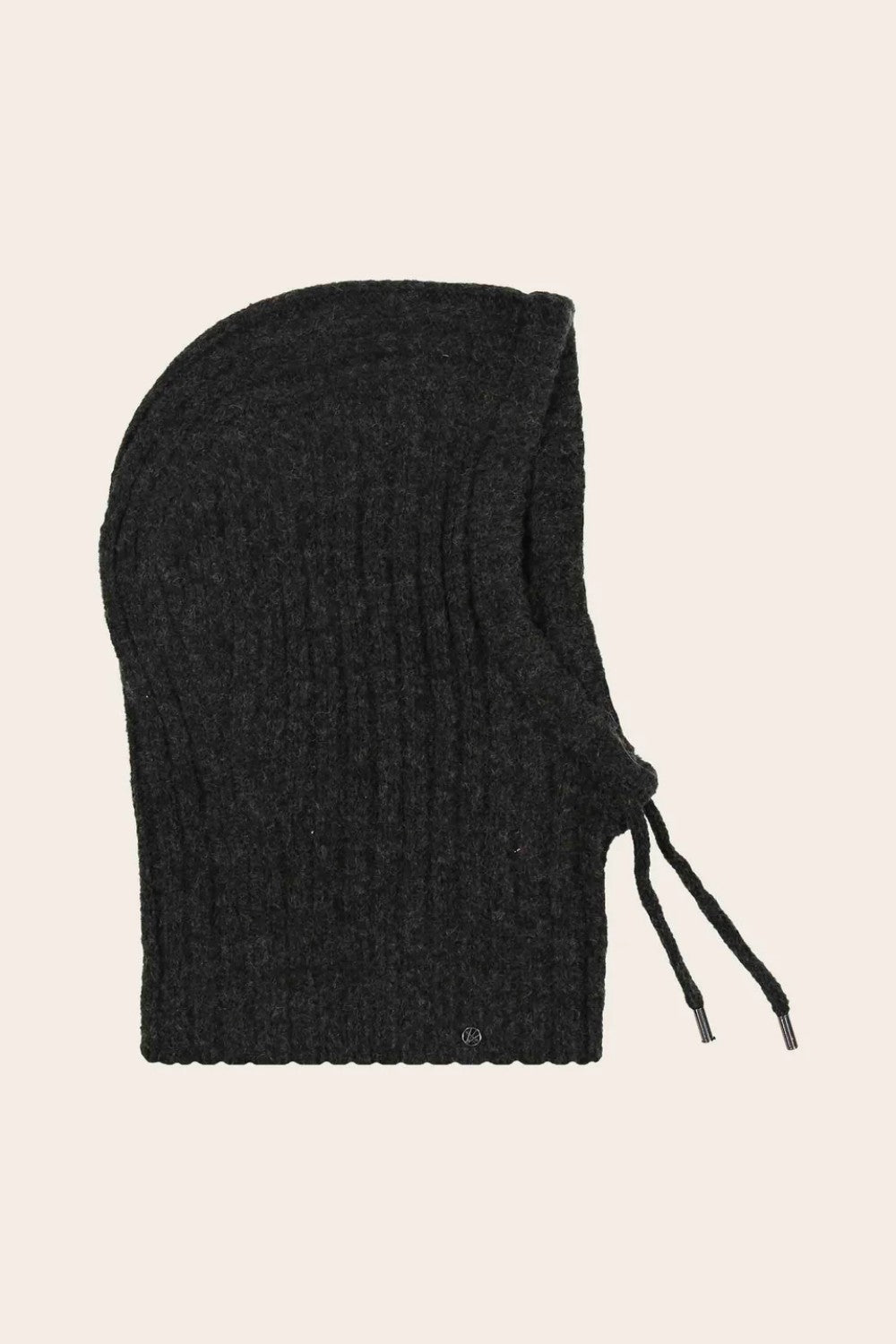 Charcoal hooded scarf with drawstrings on light background 