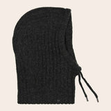 Charcoal hooded scarf with drawstrings on light background 