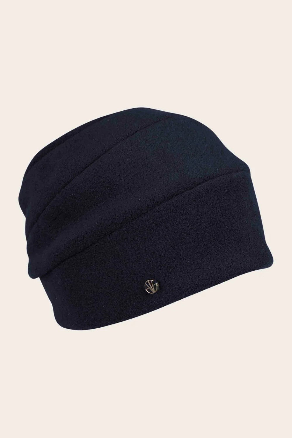 Navy blue beanie with a brand logo on a beige background