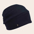Navy blue beanie with a brand logo on a beige background