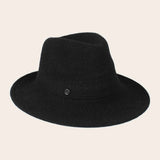 Black fedora hat on a beige background