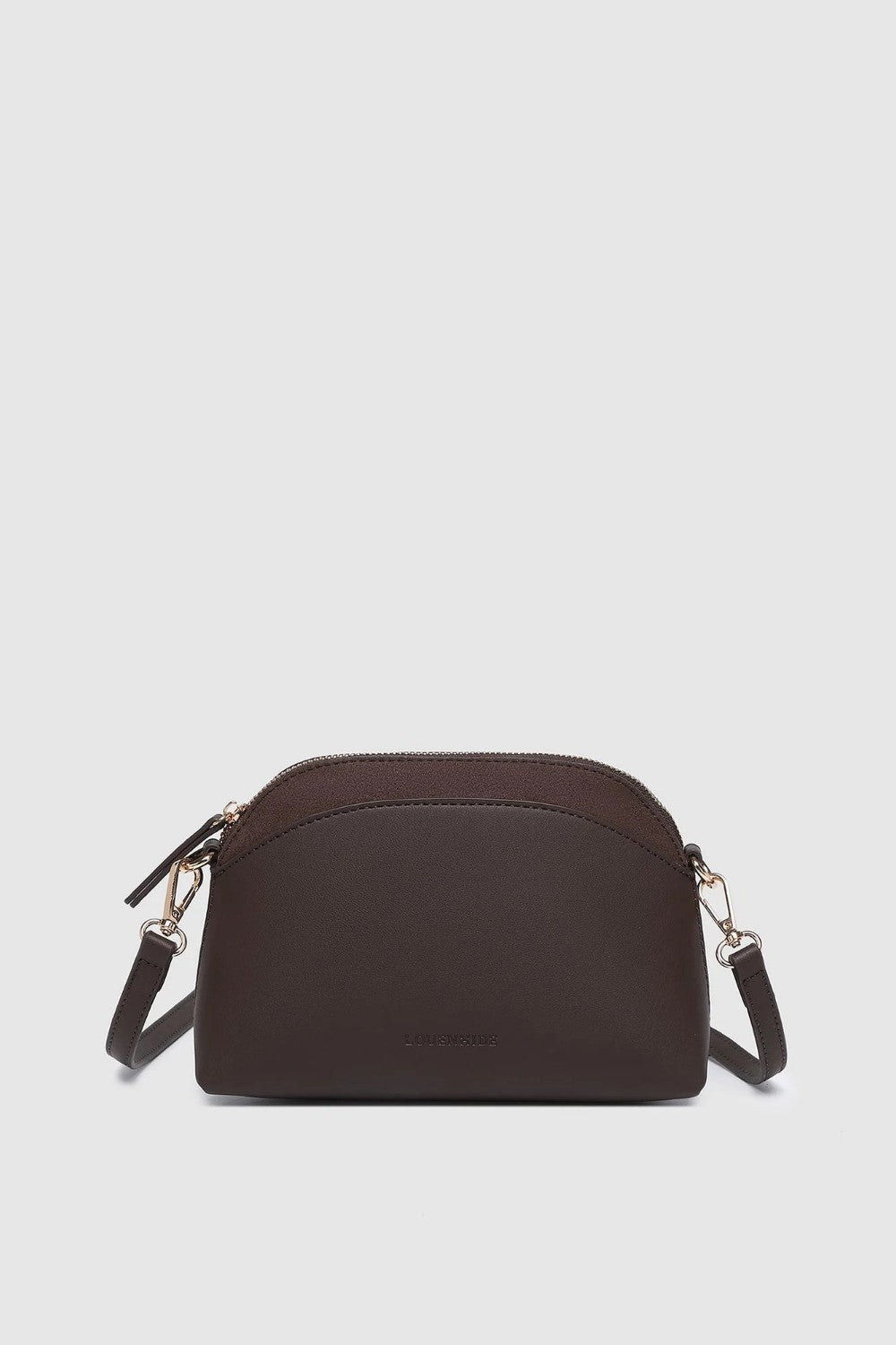 A dark brown pleather crossbody bag with a curved top and a small embossed logo on the front, shown against a light gray background.