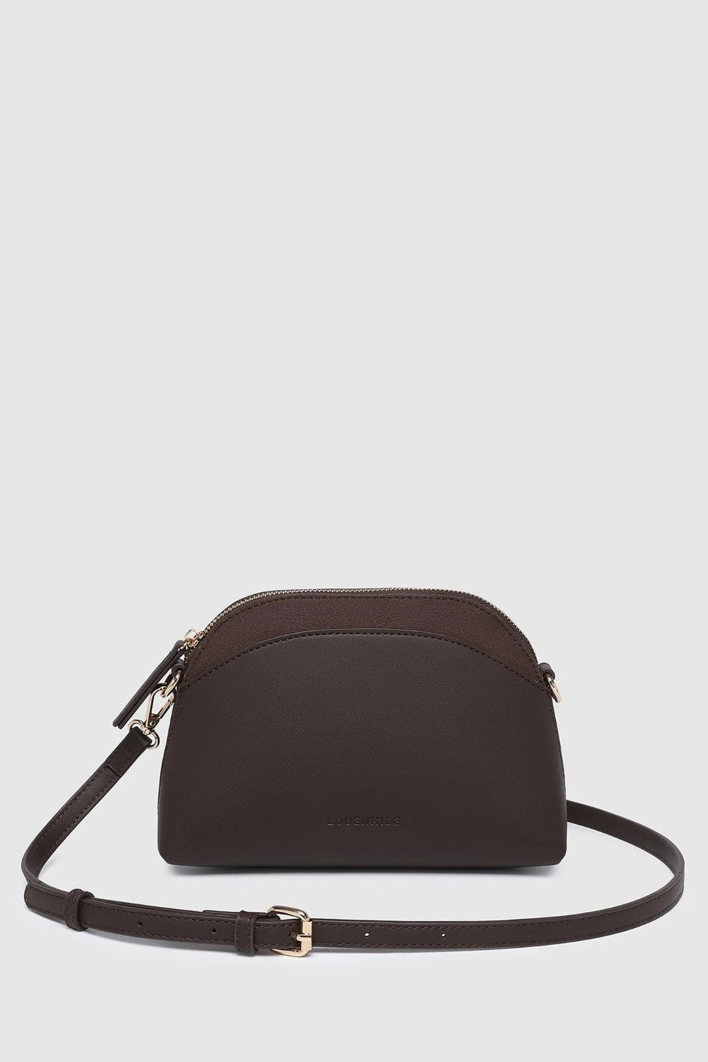 A dark brown pleather crescent-shaped shoulder bag with a matching adjustable strap and gold-tone hardware, shown against a light gray background.