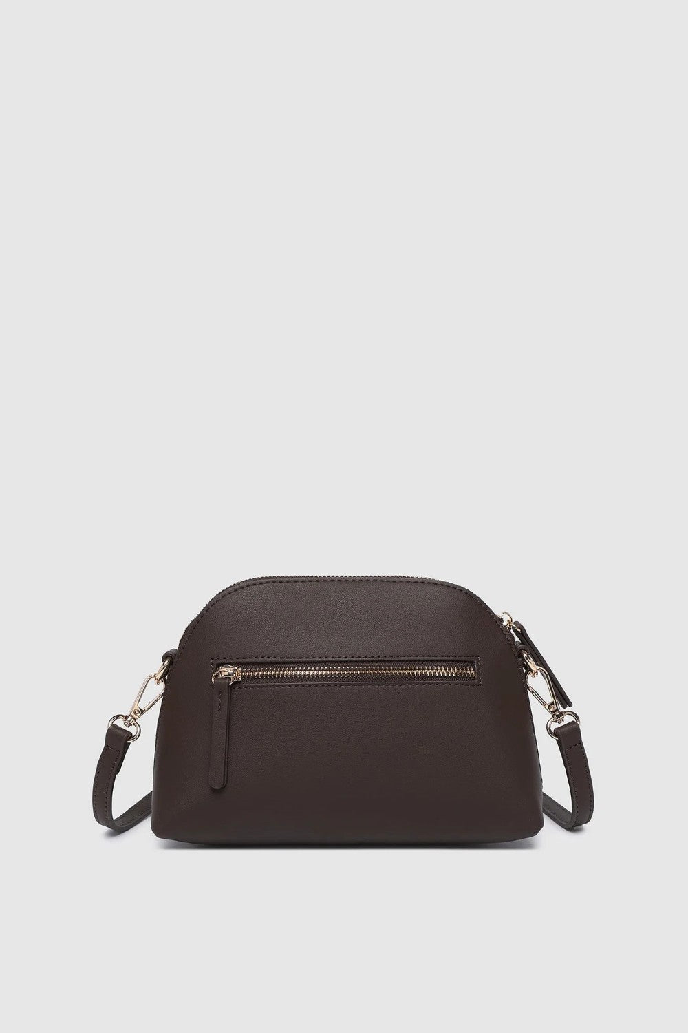 A dark brown pleather crossbody bag with an external zippered pocket and silver-tone hardware, shown against a light gray background.
