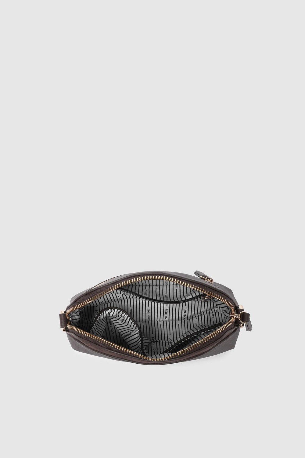 An open dark brown pleather pouch with a black and white striped interior lining, shown against a light gray background.