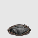 An open dark brown pleather pouch with a black and white striped interior lining, shown against a light gray background.