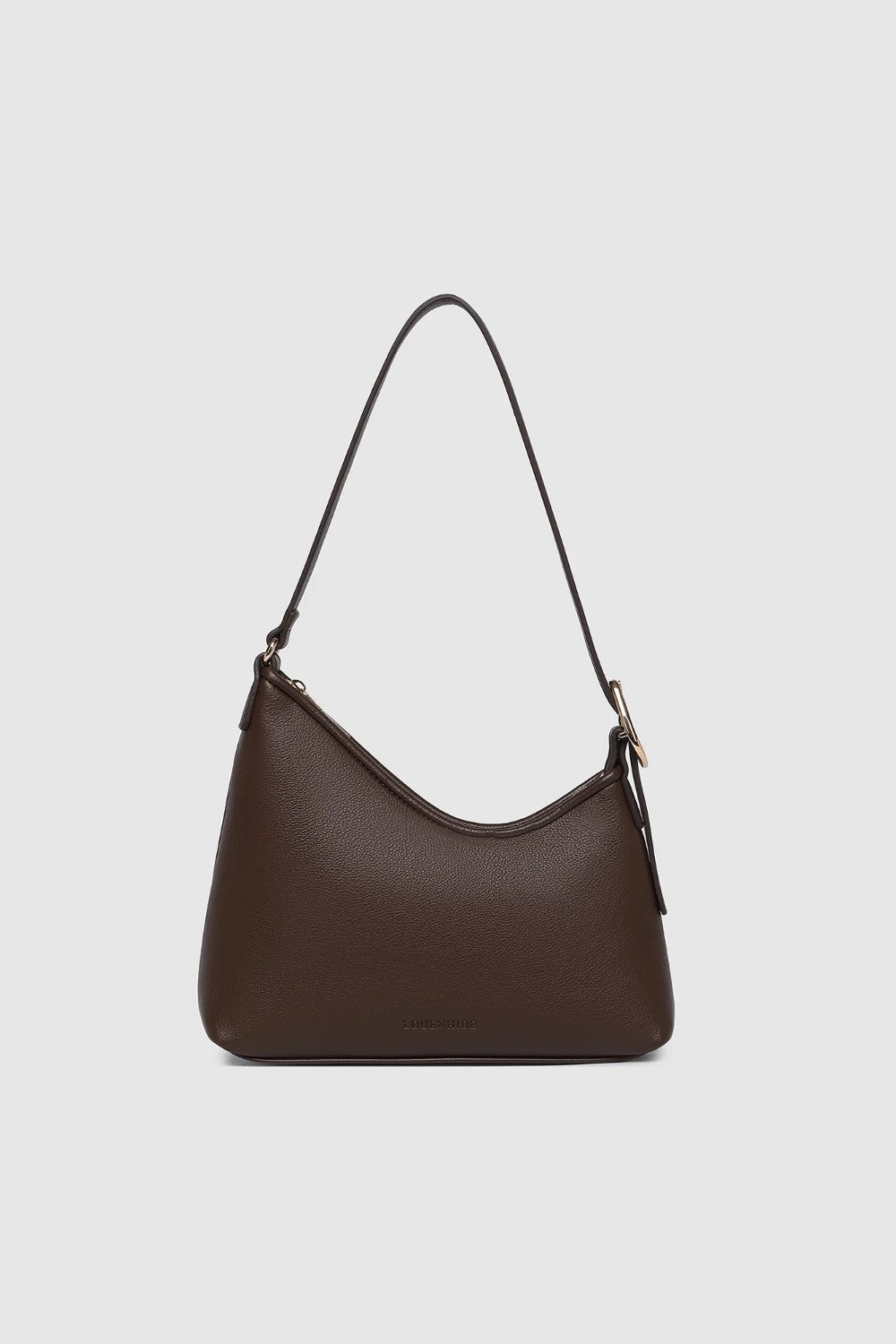 A dark brown pebbled leather shoulder bag with a crescent-shaped silhouette, a single thin strap, and gold-tone hardware, shown against a light gray background.