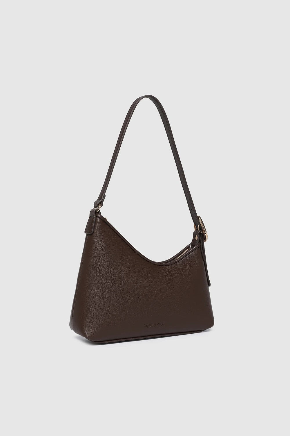 Brown handbag with a strap on a light gray background