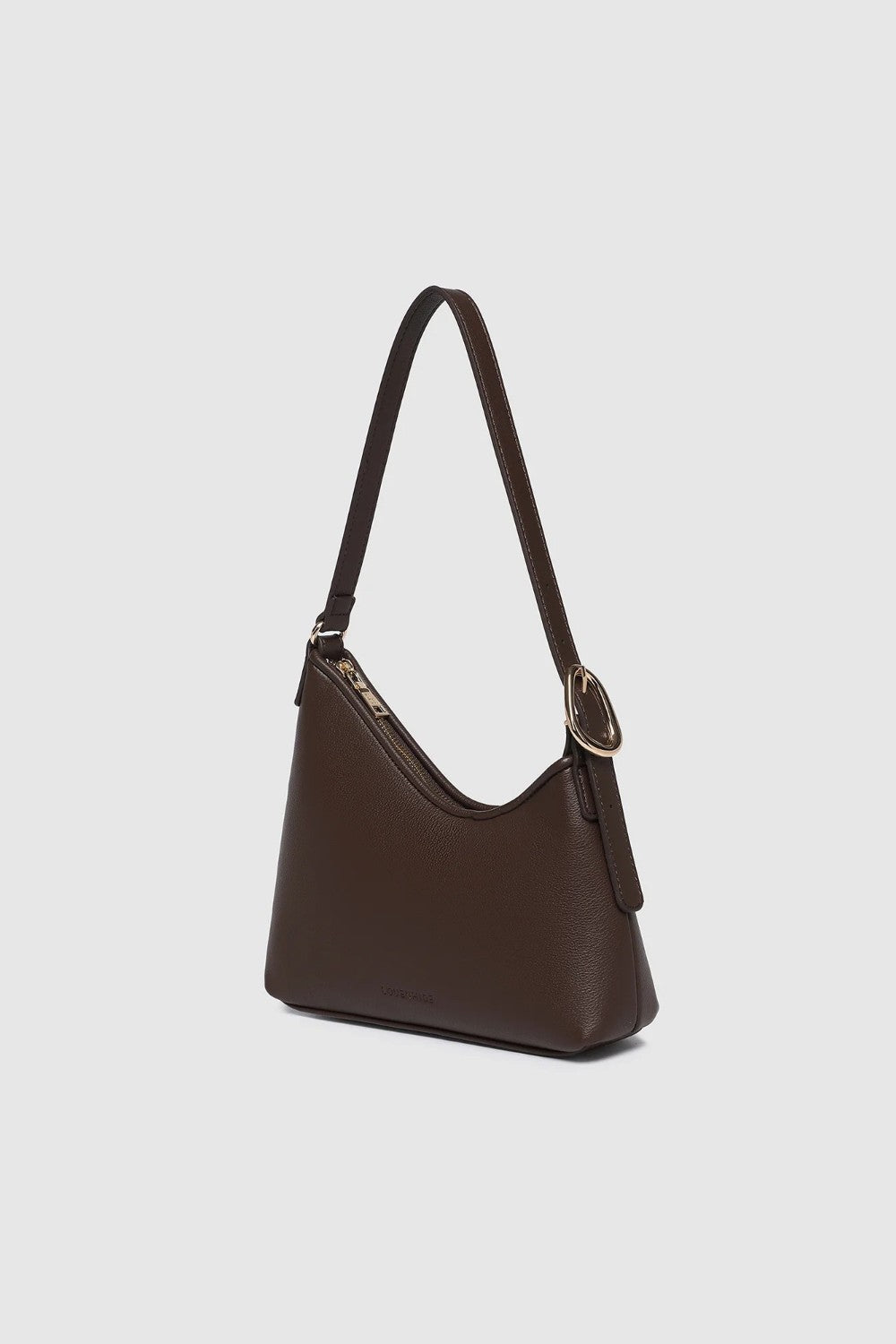 Dark brown hand bag with gold zipper on a light background.