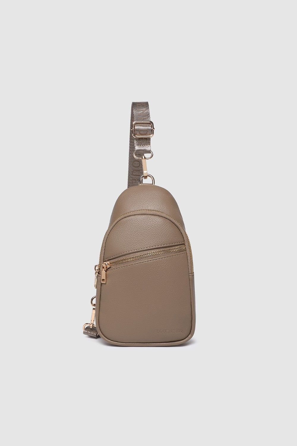 Beige crossbody bag with a strap on a light gray background