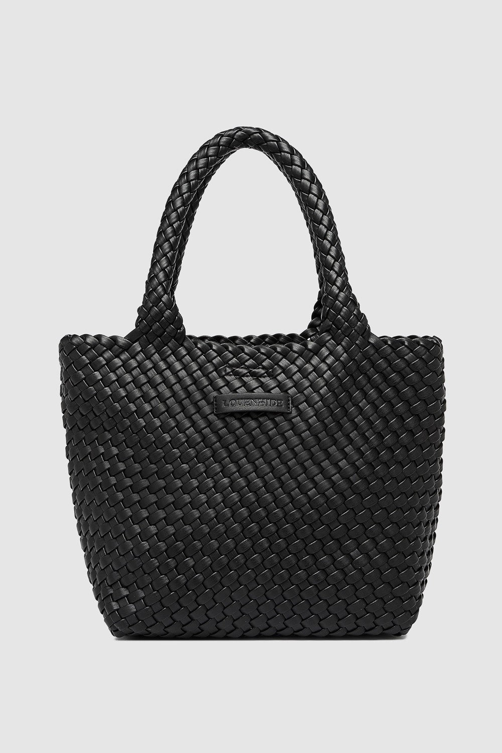 Black woven handbag with handle on a white background