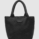 Black woven handbag with handle on a white background