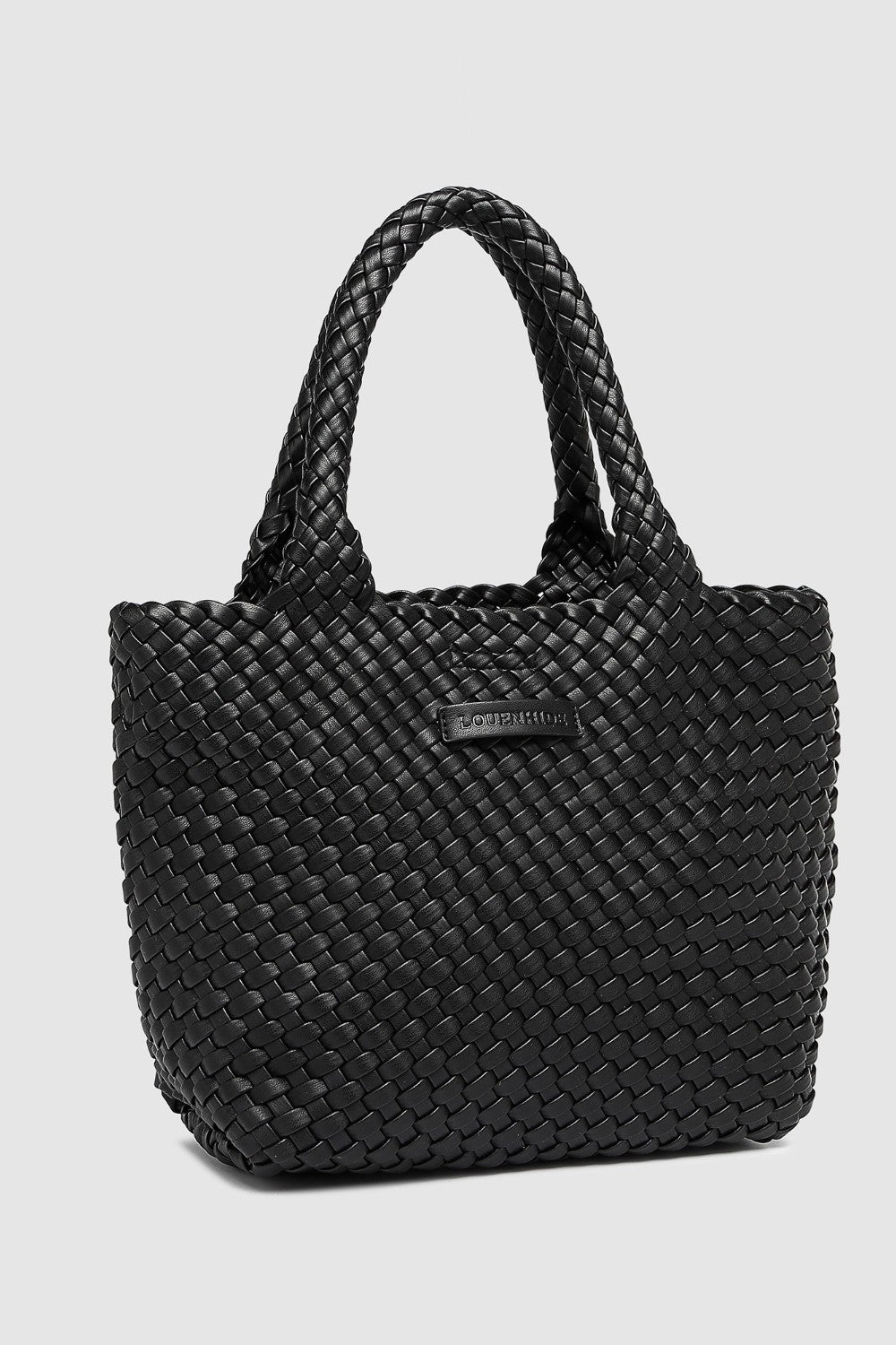 Black woven handbag with handle on a white background