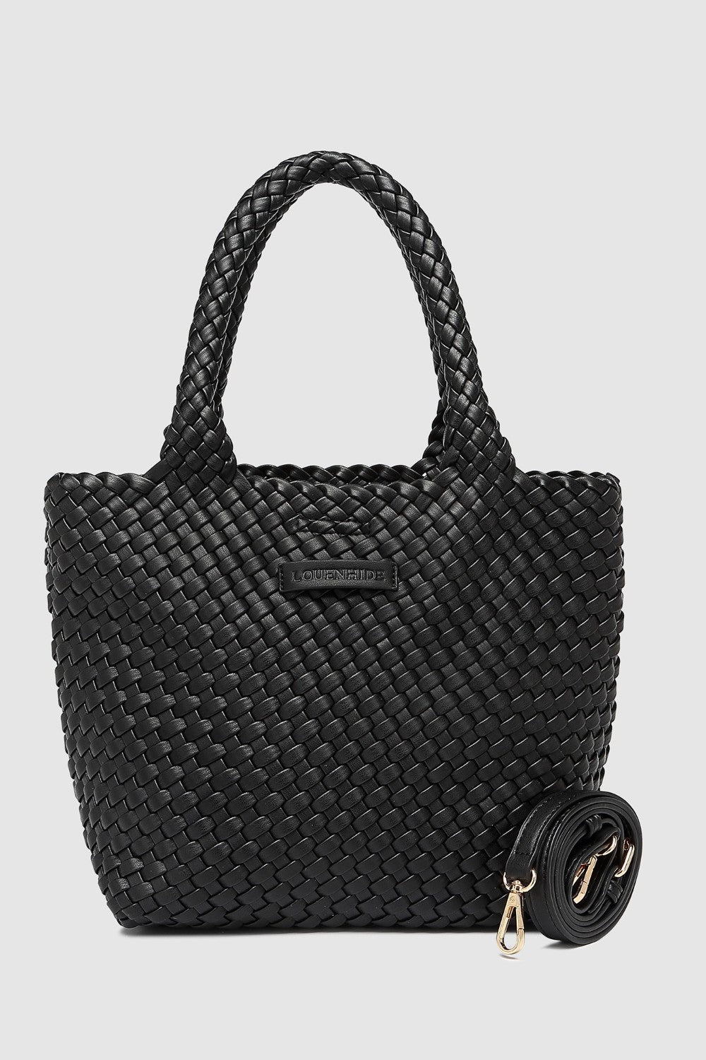 Black woven handbag with handle and an extra strap on a white background