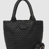Black woven handbag with handle and an extra strap on a white background