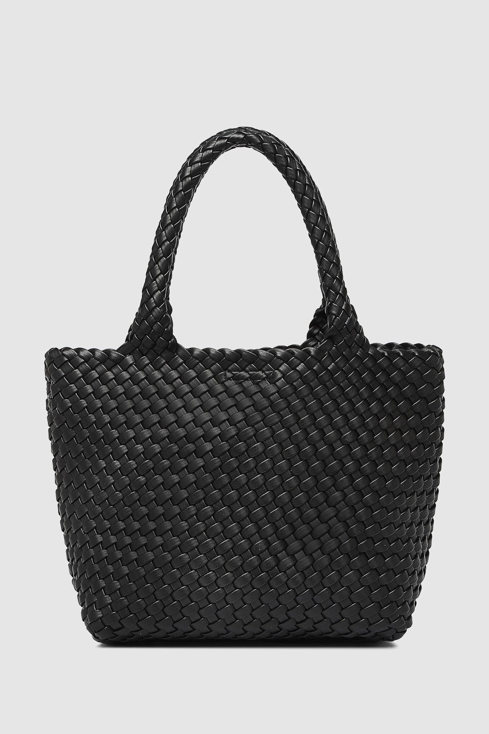Black woven handbag with handle on a white background