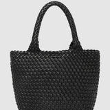 Black woven handbag with handle on a white background