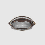 A small zippered pouch with a brown leather trim and a black-and-white striped interior lining, shown from a top-down view on a light gray background.