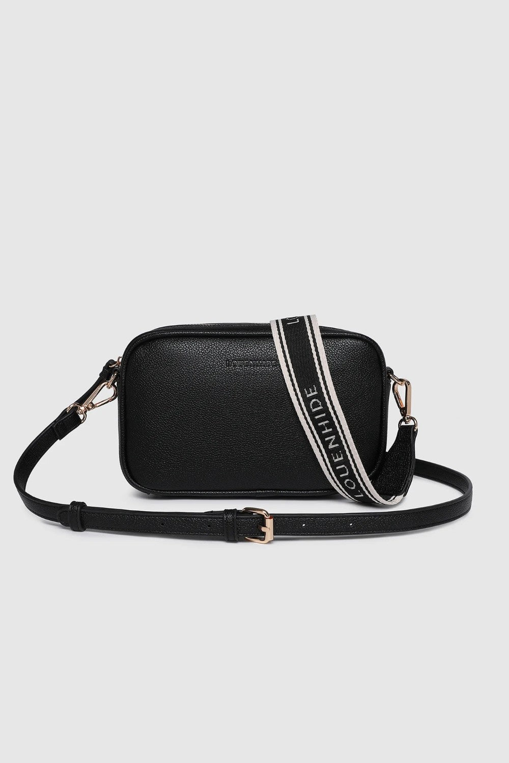 Black textured shoulder bag with a narrow solid black strap and a wide black-and-white strap printed with the brand name LOUENHIDE.