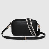 Black textured shoulder bag with a narrow solid black strap and a wide black-and-white strap printed with the brand name LOUENHIDE.