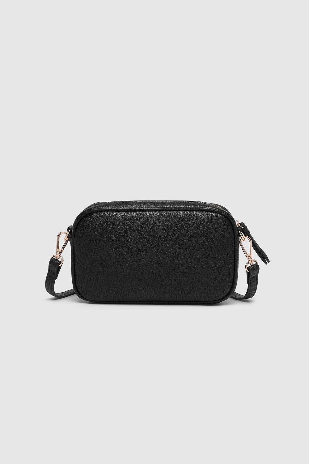 A black rectangular crossbody camera bag with a zippered top and an adjustable shoulder strap, shown on a light gray background.