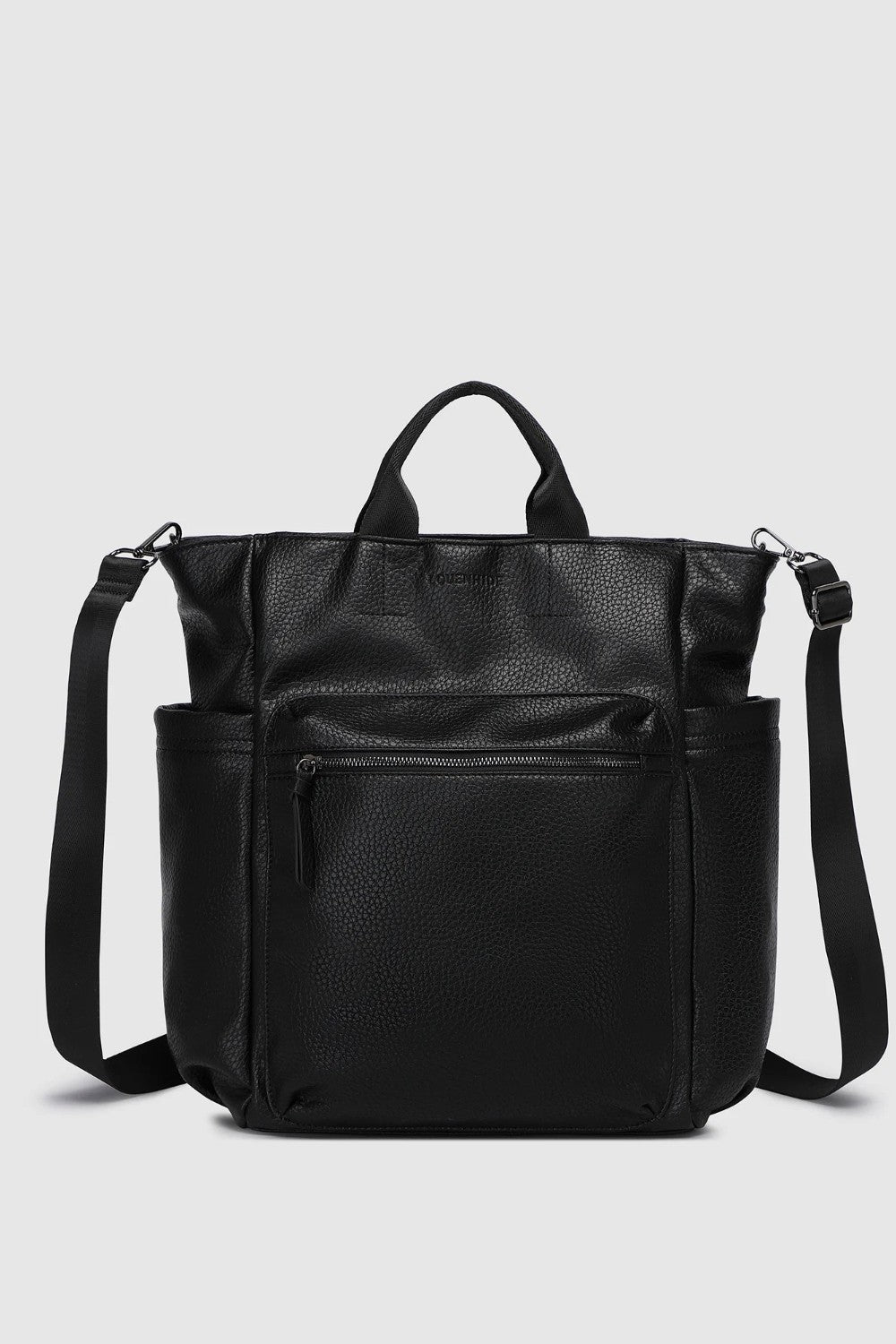 A black pebbled faux-leather bag with top handles, a front zippered pocket, and an adjustable shoulder strap, shown against a light gray background.