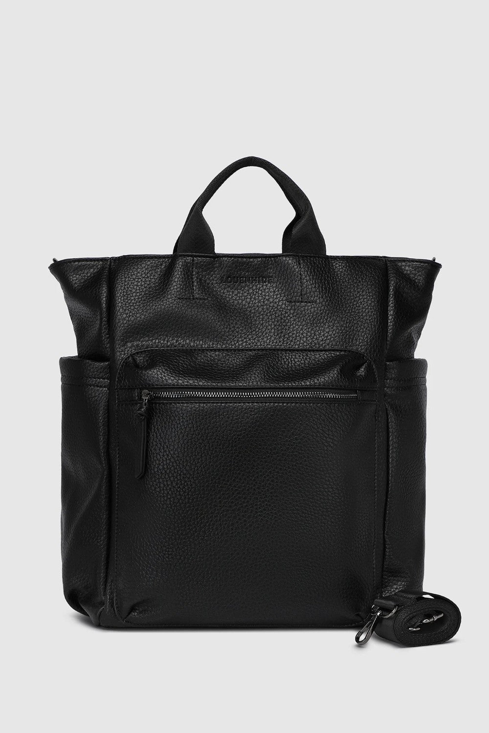 A black pebbled leather backpack with top handles and a detachable shoulder strap, shown against a light gray background.