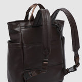 Brown pleather backpack on a light gray background