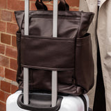 Person holding a brown leather backpack on top of a white suitcase against a brick wall.