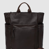 Brown pleather backpack with multiple pockets on a light gray background