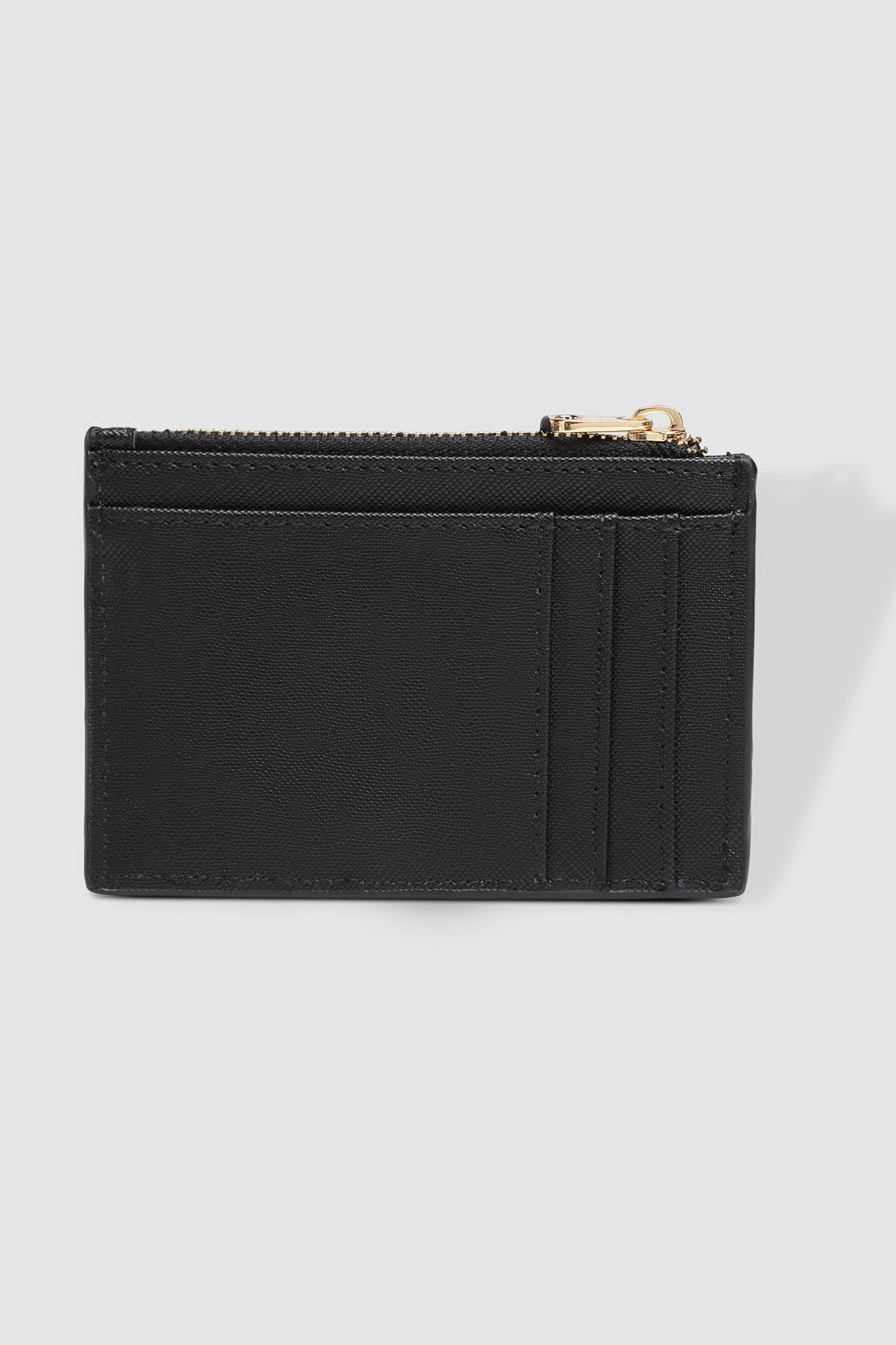 Black cardholder with gold zipper on a light gray background