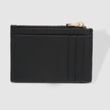 Black cardholder with gold zipper on a light gray background