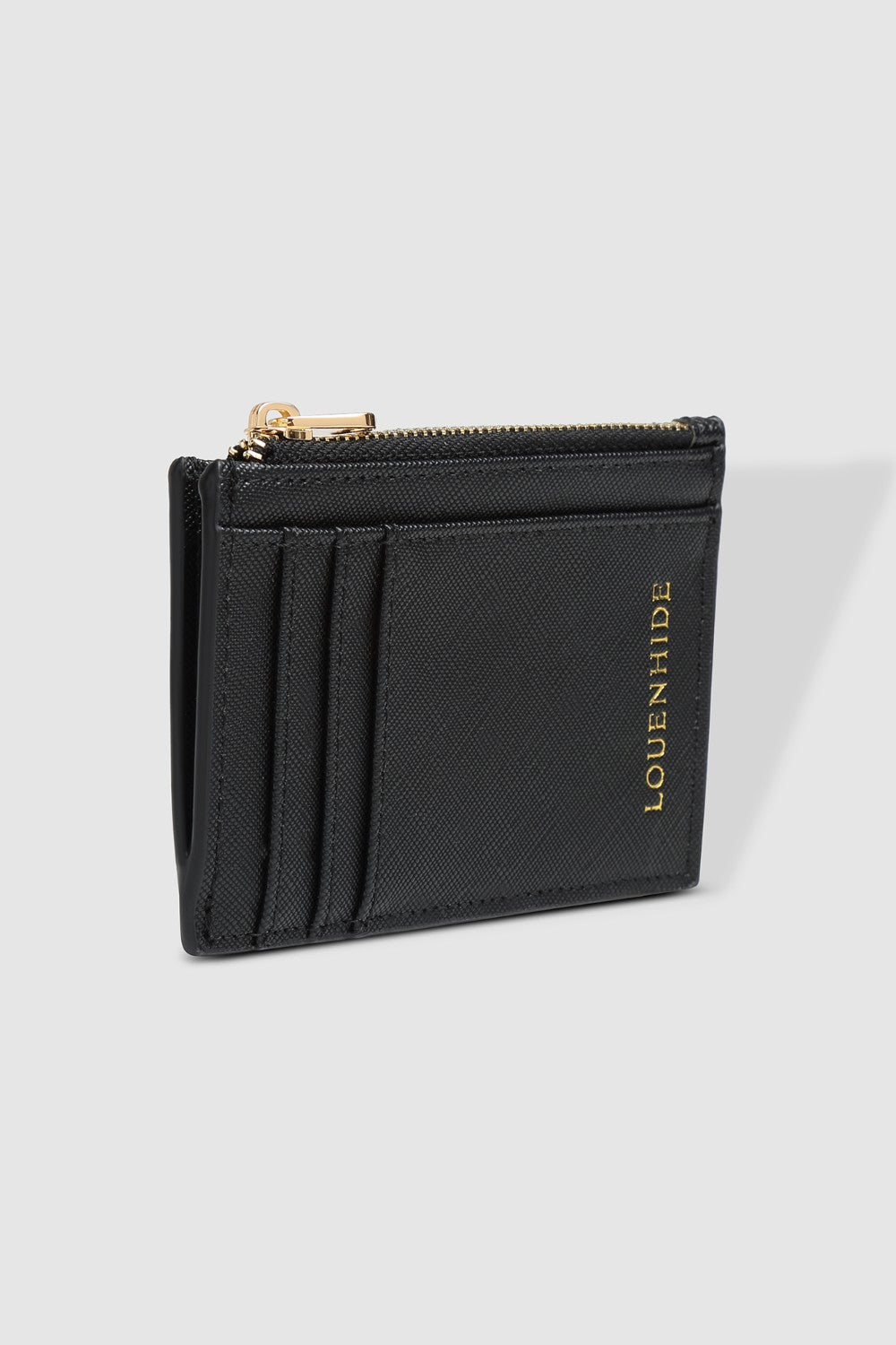 Black wallet with gold zipper and 'LOUENHIDE' branding on a light gray background