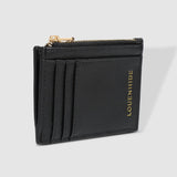 Black wallet with gold zipper and 'LOUENHIDE' branding on a light gray background