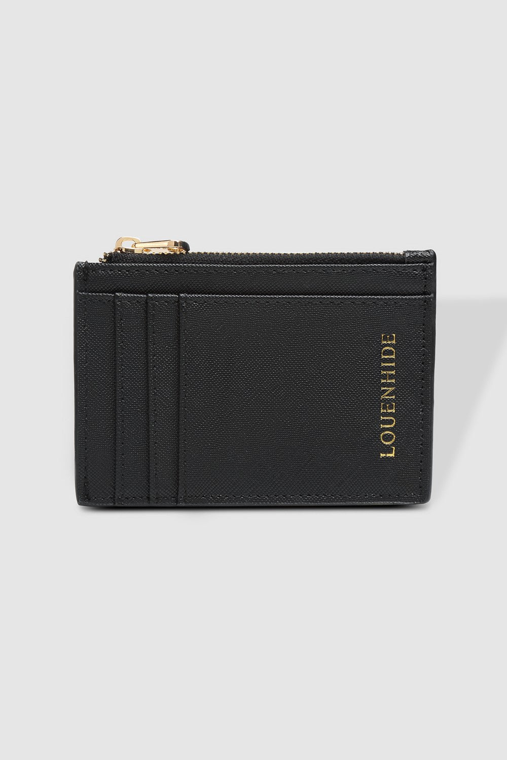 Black cardholder with gold zipper and 'LOUENHIDE' branding on a light gray background