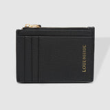 Black cardholder with gold zipper and 'LOUENHIDE' branding on a light gray background