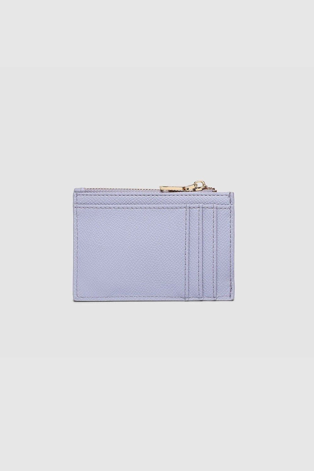 Light purple cardholder with gold zipper on a light gray background