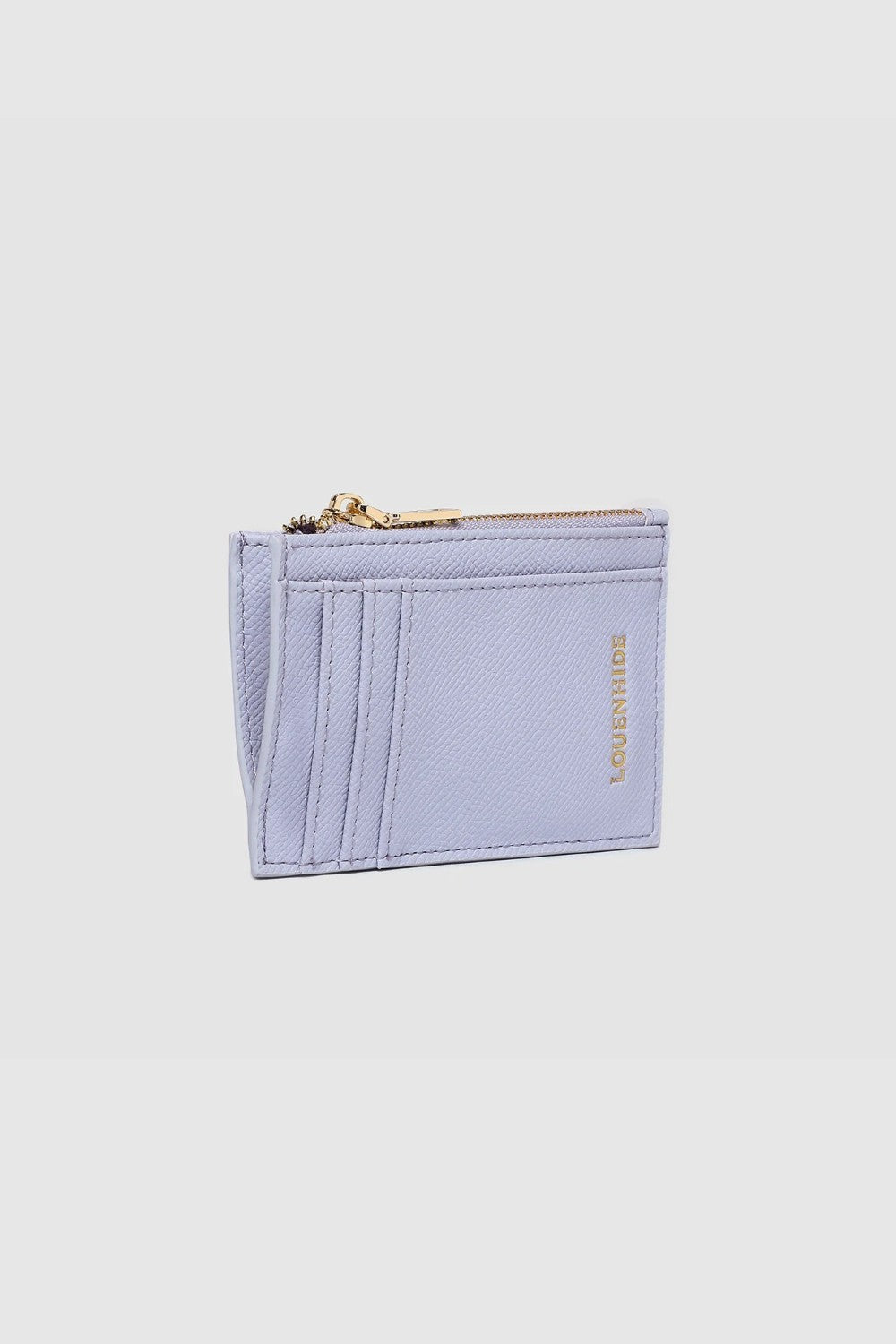 Light purple cardholder with gold zipper on a light gray background