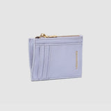 Light purple cardholder with gold zipper on a light gray background