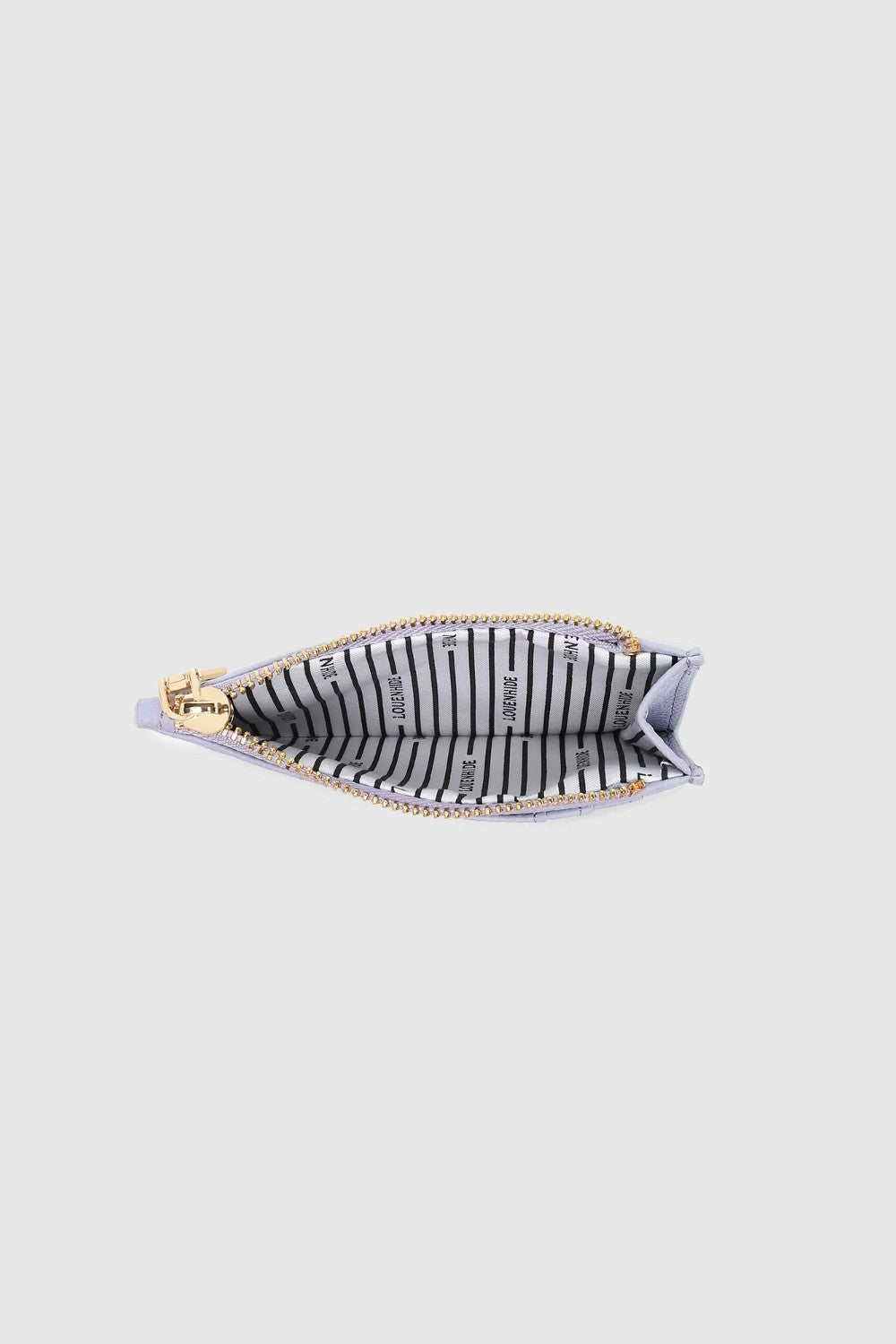 Light purple cardholder with gold zipper on a light gray background