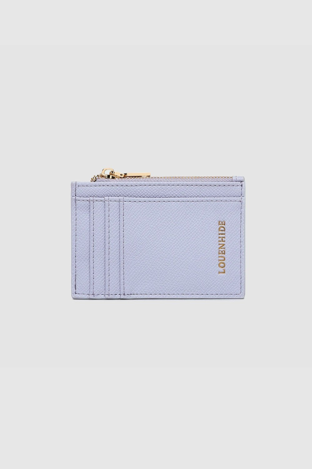 Lilac cardholder with gold zipper on a light gray background