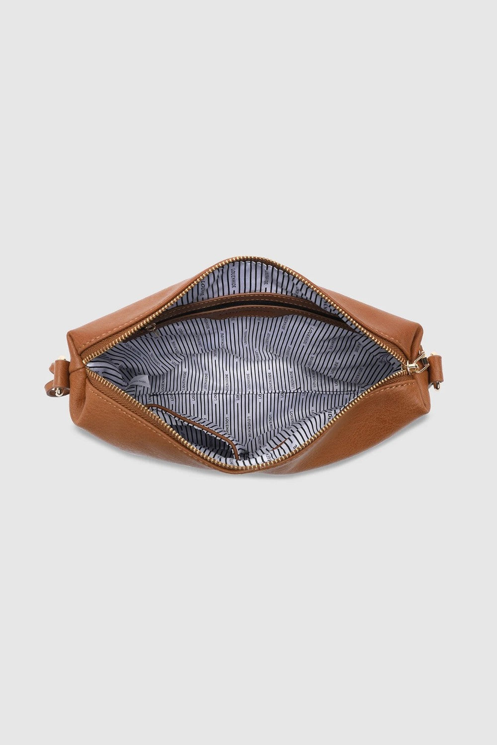 A tan leather bag shown from a top-down view, open to reveal a striped black and white interior lining with gold-tone zipper hardware.